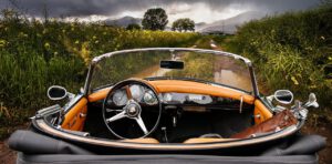 automobile, vehicle, nature, drive, convertible, porsche, lane, rain, thunderstorm, water puddle, sports, landscape, steering wheel, antique car, vacations, leisure time, sports car