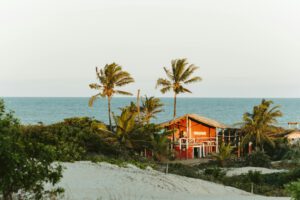 Scenic view of a rustic beach house in Itaúnas, surrounded by palms and sandy shores.