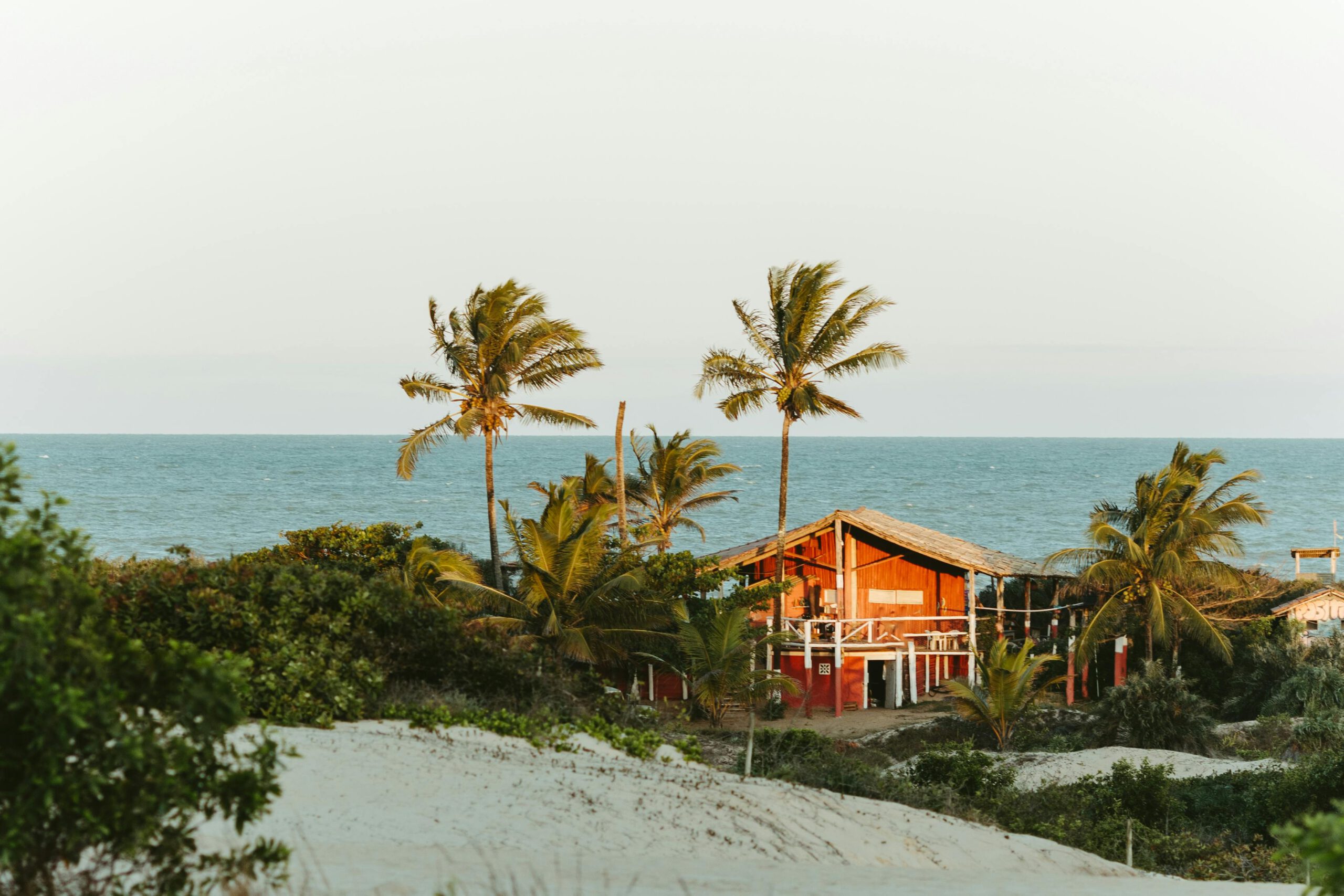 Scenic view of a rustic beach house in Itaúnas, surrounded by palms and sandy shores.